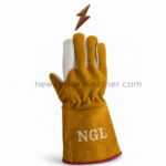Split leather welding gloves in mustard yellow with white palm, red cuff binding, and NGL logo