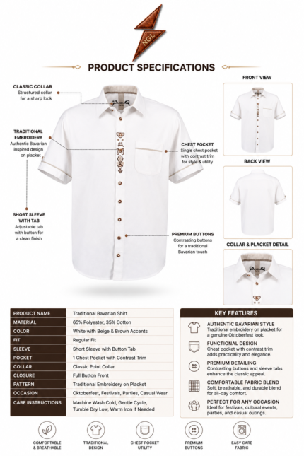 Trachten T-Shirts white short-sleeve Bavarian shirt with brown placket embroidery, chest pocket and NGL logo by newgenuineleather.com
