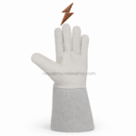 White welding gloves back view with stitched fingers and long grey suede cuff