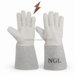 White welding gloves specification image showing seams, leather palm, suede cuff, and NGL logo