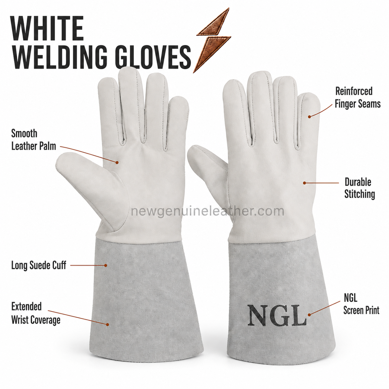 White Welding Gloves Smooth Palm View NGL White welding gloves palm view with smooth leather panels and reinforced finger stitching
