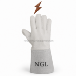 White welding gloves with smooth leather hands, grey suede cuffs, and black NGL