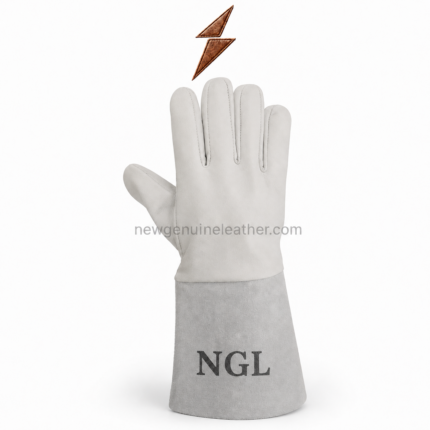 White welding gloves with smooth leather hands, grey suede cuffs, and black NGL