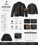 Black leather cafe racer jacket with NGL logo, tan piping and zipper pocket details