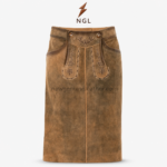 Wholesale brown lederhosen skirt with high waist, central stitched seam and vintage leather texture
