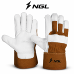 CANADIAN GLOVES displayed in tan, black, red and navy canvas variations with white leather fingertips and palm panels.