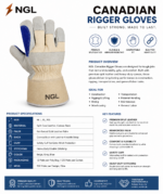 Rigger glove with royal-blue split-leather palm, double stitching and extended beige safety cuff