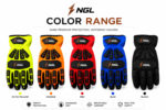 Wholesale hi-vis impact gloves with black molded logo patches and reinforced finger stitching