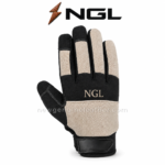 Wholesale mechanic gloves showing black back panel, blue piping and gold NGL logo