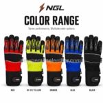 Red impact work gloves featuring grey finger guards, black knuckle padding and adjustable NGL cuff branding