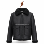 Wholesale Shearling Jackets in black leather with cream collar and silver zippers by newgenuineleather.com