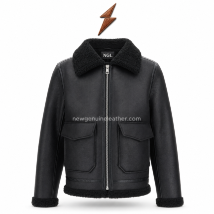 Wholesale Shearling Jackets in black leather with cream collar and silver zippers by newgenuineleather.com