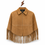 Wholesale tan suede fringe jacket with long sleeve fringe and custom NGL branding