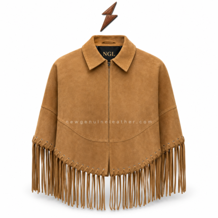 Wholesale tan suede fringe jacket with long sleeve fringe and custom NGL branding