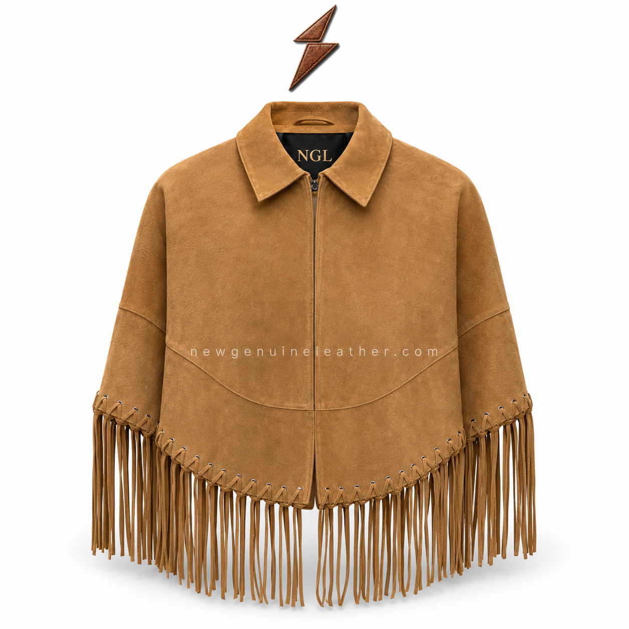 Wholesale Tan Suede Fringe Jacket with OEM Branding Wholesale tan suede fringe jacket with long sleeve fringe and custom NGL branding