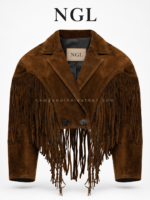 Premium brown suede cropped jacket with layered shoulder fringe, stitched lapels, and custom NGL neck label