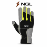 Wholesale work gloves specifications showing reinforced-looking fingertips, neon piping, ribbed panel and bound cuff