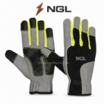 Single wholesale work gloves view with grey fingertips, black ribbed back panel and centered white NGL logo