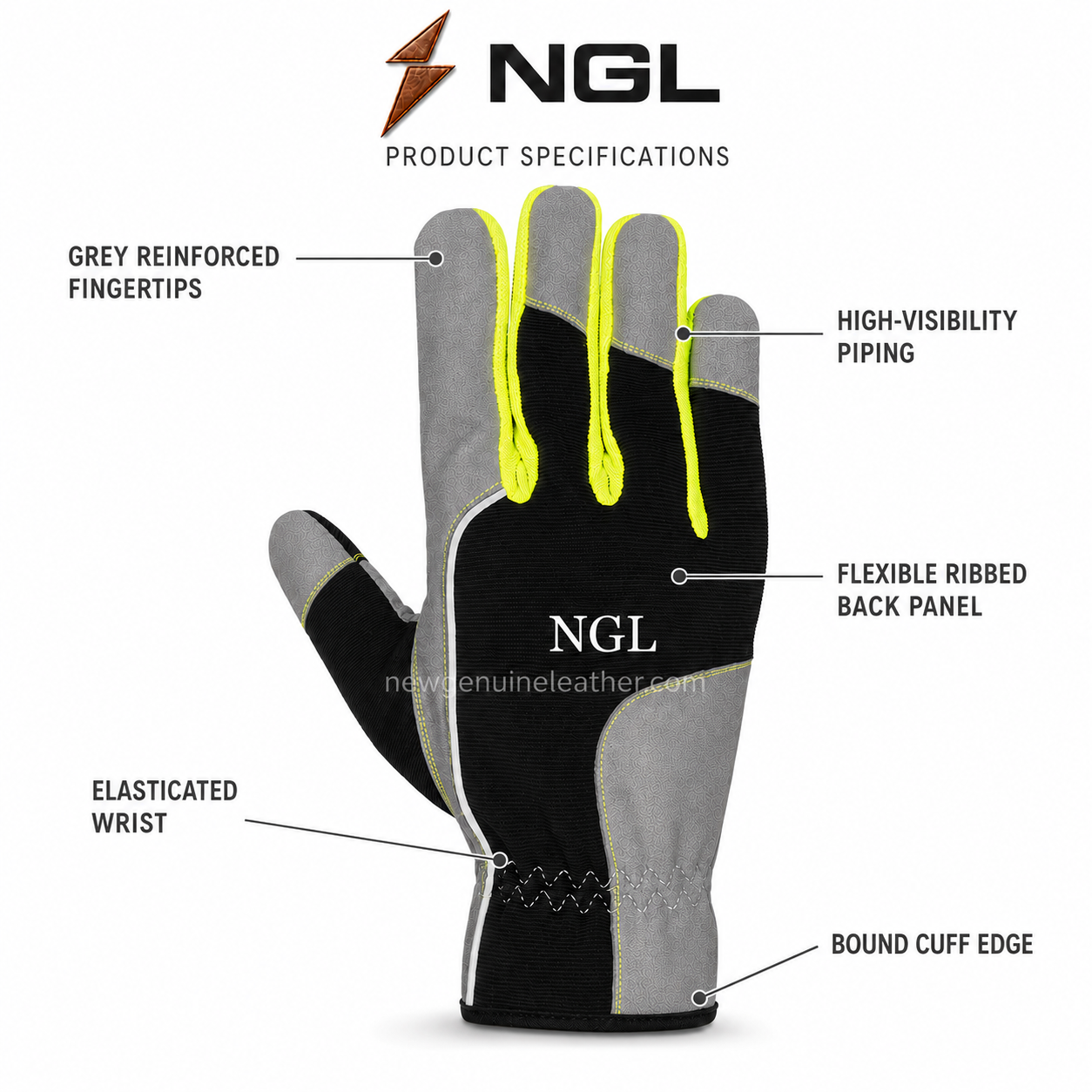 Wholesale Work Gloves – Single Right-Hand View Wholesale work gloves in grey and black with neon-yellow piping, ribbed panels, elastic wrist and white NGL branding