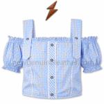 Blue Gingham Oktoberfest Blouse showing wide gingham straps, contrasting buttons and gathered neckline by newgenuineleather.com