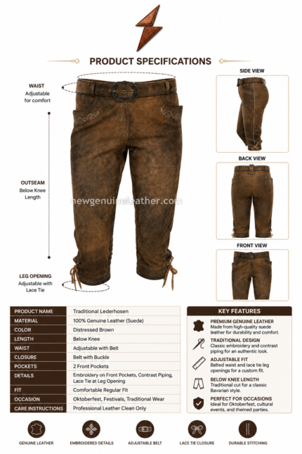 Women Lederhosen in distressed brown suede with embroidered front pockets, leather belt and lace-tie cuffs by newgenuineleather.com