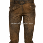 Women Lederhosen specification image with brown suede material, embroidered details, adjustable waist and below-knee length by newgenuineleather.com