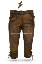 Women Lederhosen specification image with brown suede material, embroidered details, adjustable waist and below-knee length by newgenuineleather.com
