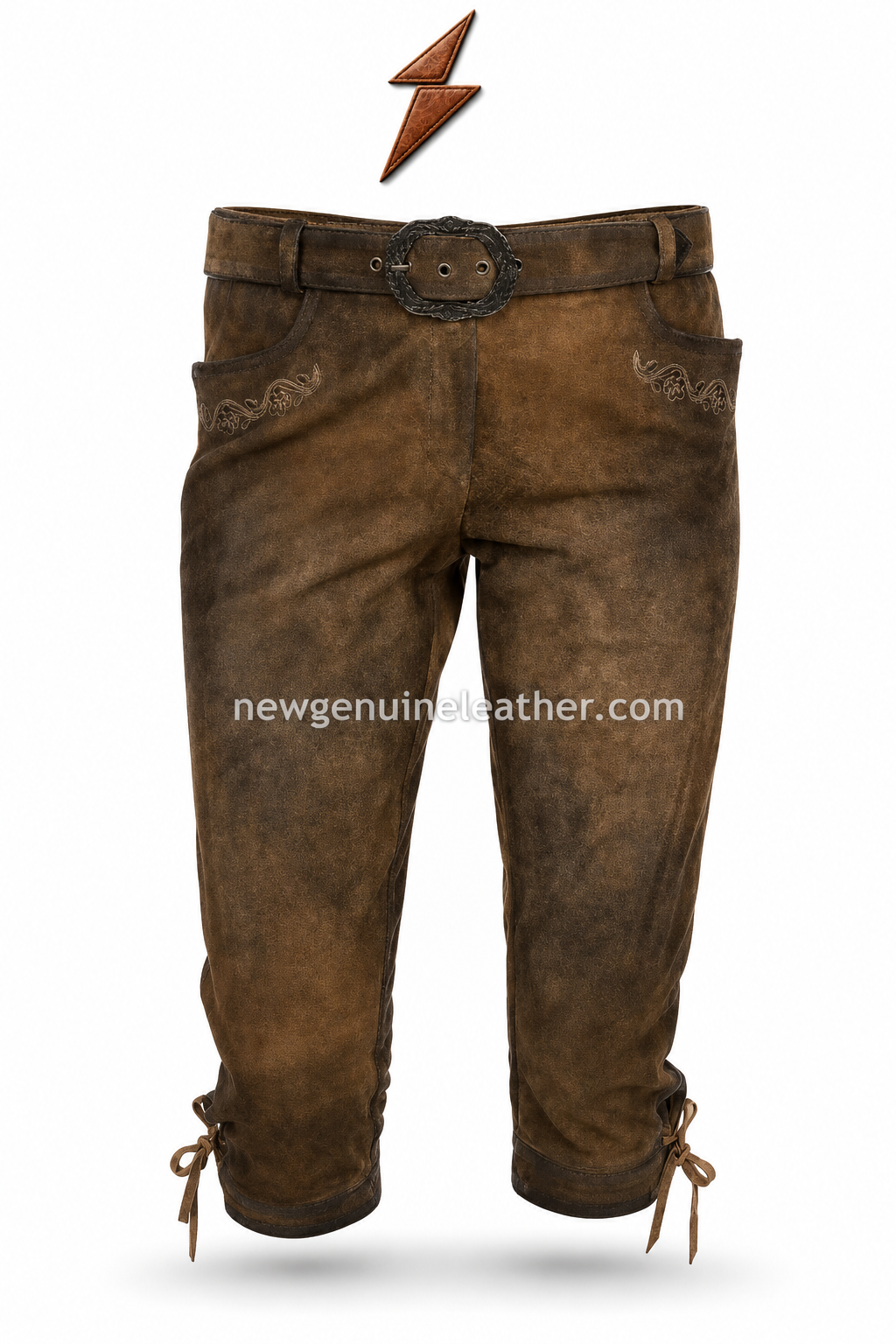 Women Lederhosen Product Specifications Women Lederhosen specification image with brown suede material, embroidered details, adjustable waist and below-knee length by newgenuineleather.com