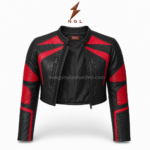 Women’s cropped biker jacket back pose with black leather body, red ribbed sleeves, stitched panels, and NGL presentation