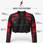 Women’s cropped biker jacket with black leather body, red ribbed sleeves, twin chest zippers, and NGL logo by newgenuineleather.com