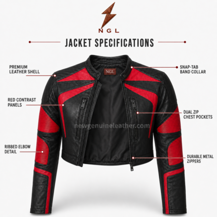 Women’s cropped biker jacket with black leather body, red ribbed sleeves, twin chest zippers, and NGL logo by newgenuineleather.com