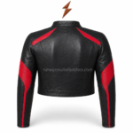 Women’s cropped biker jacket shown open with black lining, red sleeve panels, silver zipper, and NGL neck label
