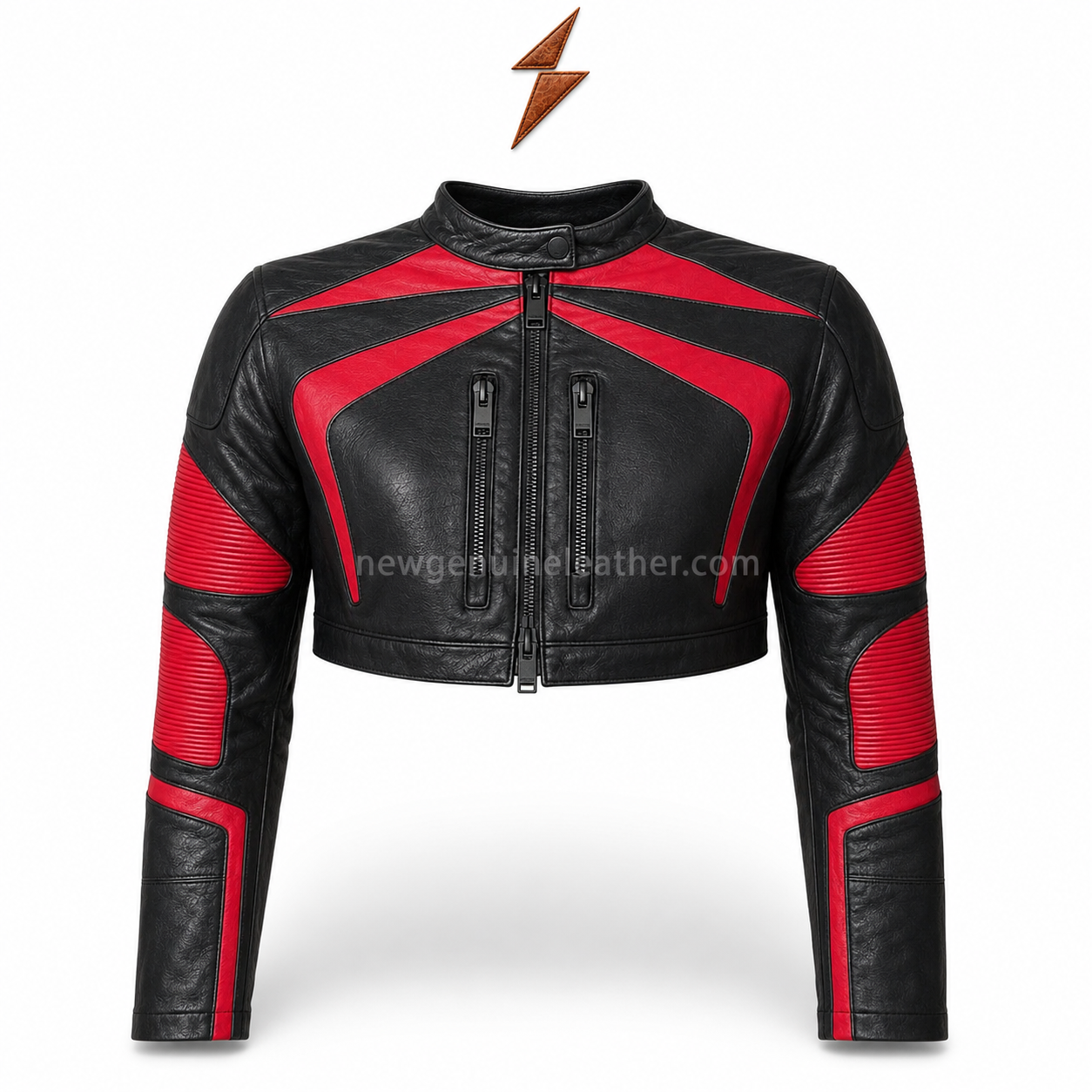 Women’s Cropped Biker Jacket Sleeve Details | newgenuineleather.com Women’s cropped biker jacket with horizontal red sleeve ribbing, black shoulder panels, cuff zippers, and silver hardware