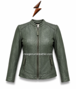 Olive green Women Leather Jacket showing back panel stitching