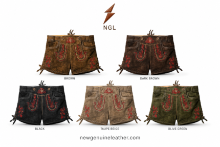 Women’s Red Embroidered Lederhosen front view in distressed brown leather with side lacing and NGL branding by newgenuineleather.com