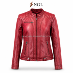 OEM red leather motorcycle jacket with front zipper, chest pocket and private label options