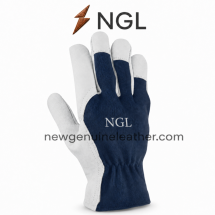 Work driving gloves in navy and white with reinforced fingertips, stitched panels, elastic wrist and white NGL