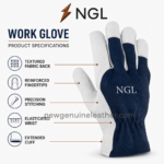 Single work driving gloves product view with navy fabric, white side reinforcement and centered NGL branding