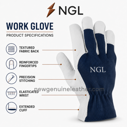 Single work driving gloves product view with navy fabric, white side reinforcement and centered NGL branding