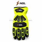 Yellow and black hi-vis impact gloves with segmented finger protection and extended safety cuff
