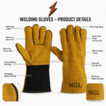 Yellow gauntlet welding gloves with black finger piping and extended leather cuffs
