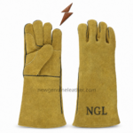 Yellow welding gloves specification image with reinforced thumb, strong seams and long gauntlet cuff