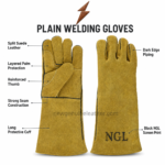 Yellow welding gloves in mustard split suede with reinforced palm and black NGL logo by newgenuineleather.com