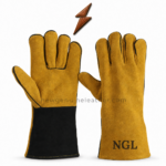 Yellow gauntlet welding gloves with multi-panel fingers and contrasting black cuff