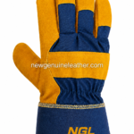 Front and back views of RIGGER GLOVES showing full yellow leather palm, stitched thumb patch and navy safety cuff.