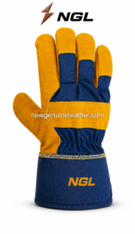 Front and back views of RIGGER GLOVES showing full yellow leather palm, stitched thumb patch and navy safety cuff.