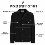 Black denim jacket manufacturer front view with four utility pockets, bronze buttons, and NGL collar label