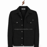 Black denim jacket manufacturer open-button pose with realistic NGL inner collar branding