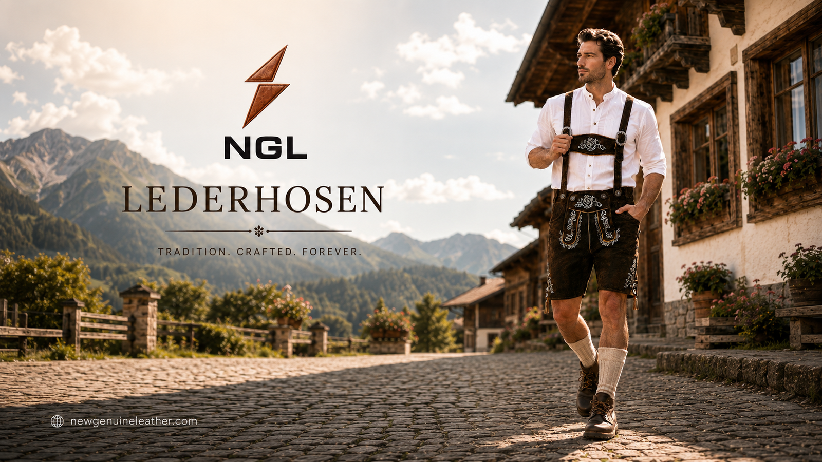 Traditional embroidered lederhosen by NGL, designed for wholesale Bavarian apparel buyers.