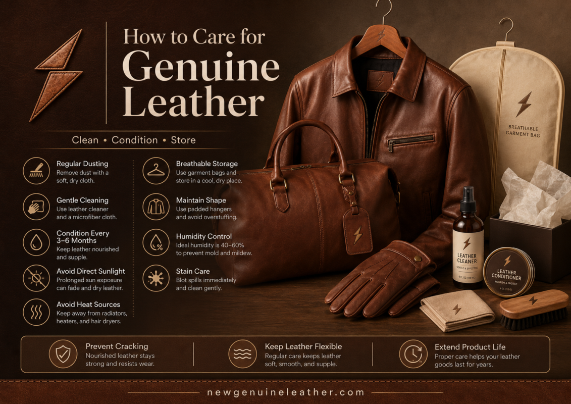 Genuine leather care guide showing how to clean, condition, and store leather jackets, bags, and gloves.